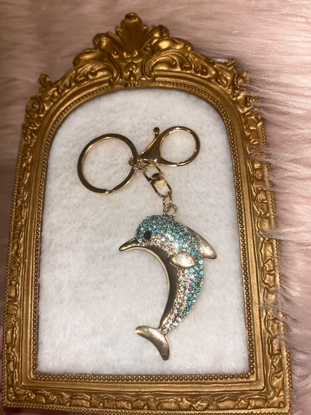 Gold Dolphin Keychain with Aqua Crystal Accents - Unbranded
